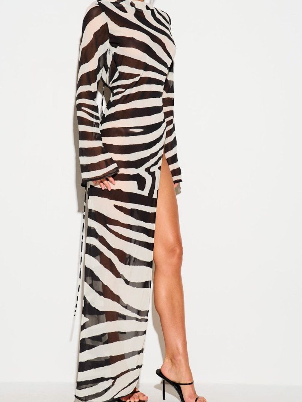 Multicolor Sexy Women's Sheer Chiffon Zebra Print Extreme High Split Maxi Dress - Picture 3 of 6